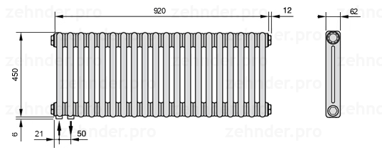 Схема (чертеж) Радиатор Zehnder Charleston 2045/20 №3370 Белый глянцевый RAL 9016